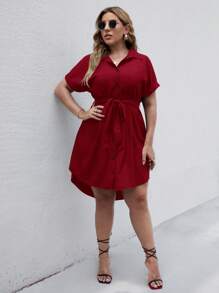 SHEIN Clasi 大碼素色紐扣腰帶襯衫連衣裙 - 酒紅色 - 查看 5