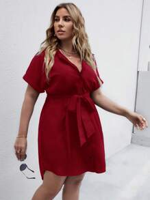 SHEIN Clasi 大碼素色紐扣腰帶襯衫連衣裙 - 酒紅色 - 查看 6