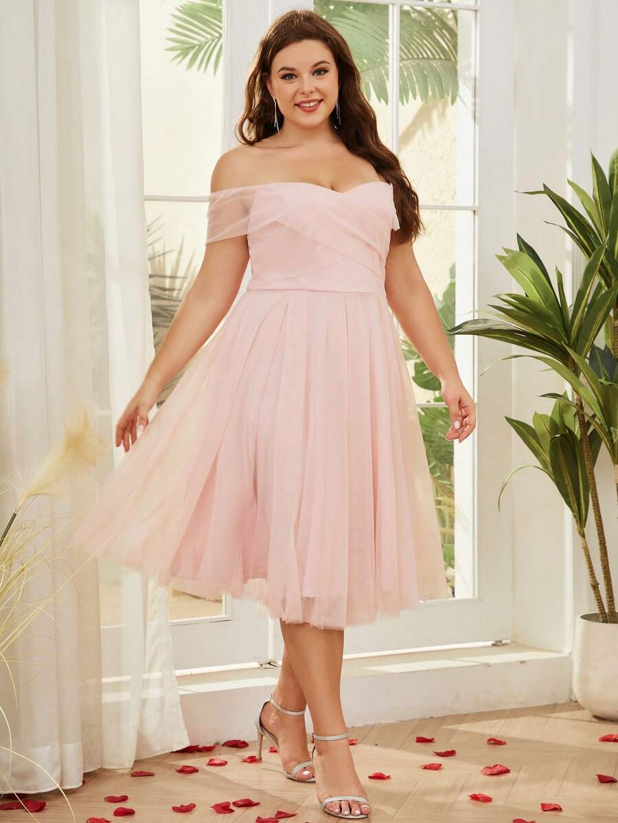 Plus Off Shoulder Wrap Cross Mesh Dress - Baby Pink - View 1