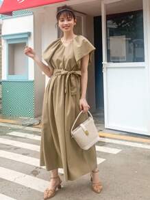 DAZY Đầm Thắt lưng màu trơn Thanh lịch - Màu Khaki - Xem 6