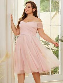Plus Off Shoulder Wrap Cross Mesh Dress - Baby Pink - View 3