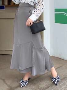 DAZY Solid Button Detail Ruffle Hem Skirt - Grey - View 3