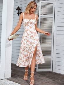 PARTHEA Vestido de tirantes con estampado floral con cordón delantero de muslo con abertura - Blanco - Ver 8