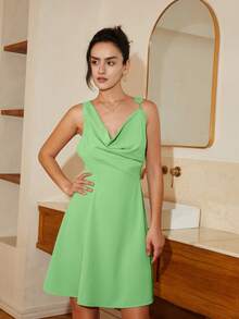 素色不對稱領連衣裙 - 薄荷綠 - 查看 7