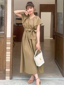 DAZY Đầm Thắt lưng màu trơn Thanh lịch - Màu Khaki - Xem 3