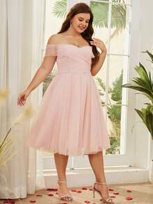 Plus Off Shoulder Wrap Cross Mesh Dress - Baby Pink - View 4