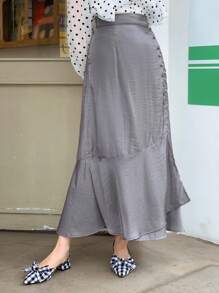DAZY Solid Button Detail Ruffle Hem Skirt - Grey - View 4