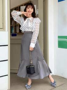 DAZY Solid Button Detail Ruffle Hem Skirt - Grey - View 5