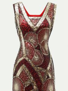 Dark Green Fringe Hem Sequin Tank 1920s Flapper Dress - Red - View 4