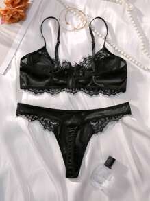 Contrast Lace Underwire Lingerie Set - Black - View 2