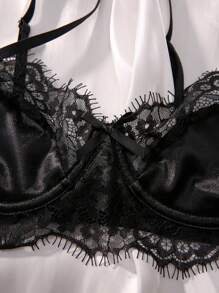 Contrast Lace Underwire Lingerie Set - Black - View 3
