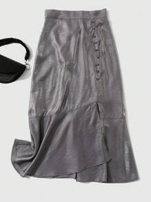 DAZY Solid Button Detail Ruffle Hem Skirt - Grey - View 9