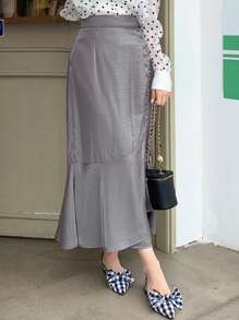 DAZY Solid Button Detail Ruffle Hem Skirt - Grey - View 12