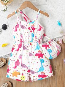 SHEIN 小女孩恐龍印花肩帶連體褲＆背包