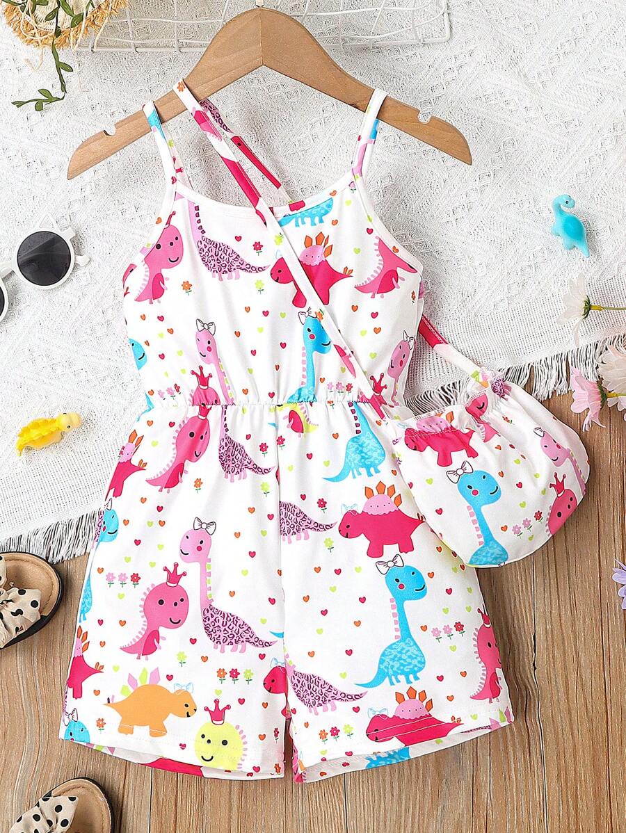 SHEIN 小女孩恐龍印花肩帶連體褲＆背包