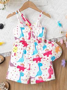 SHEIN 小女孩恐龍印花肩帶連體褲＆背包