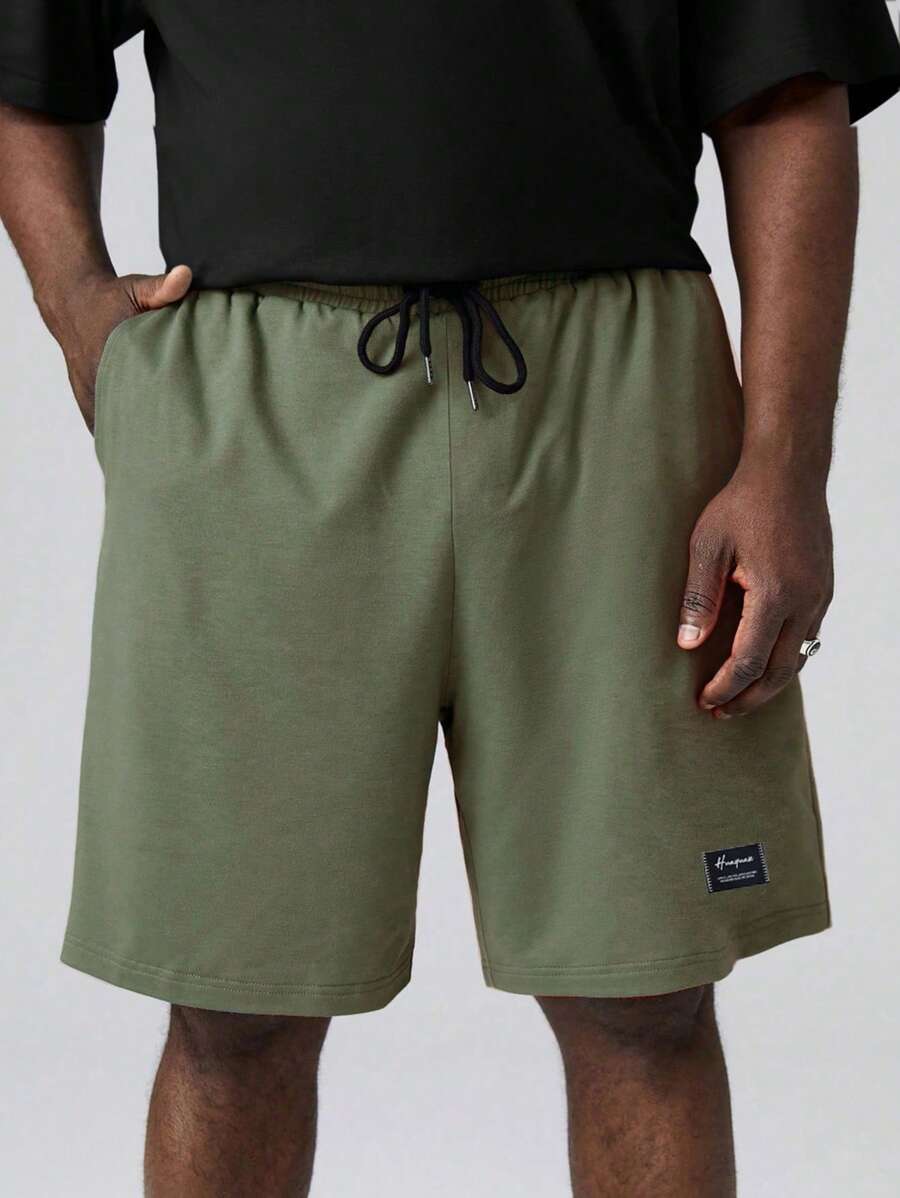 Manfinity Homme 男士大码字母貼布腰部抽繩短褲 - 軍綠色 - 查看 1