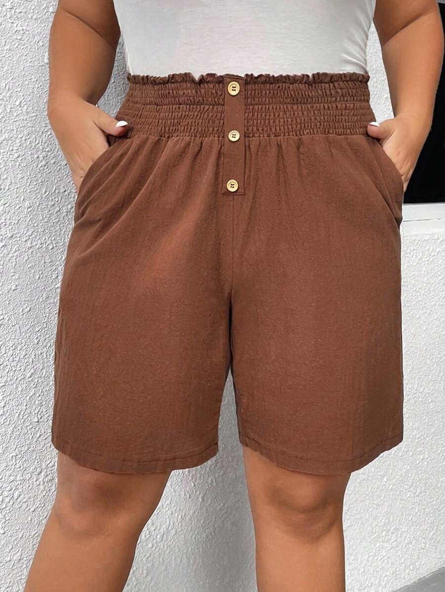 SHEIN LUNE Quần Short kích thước lớn Túi Nút phía trước Quần paper-bag màu trơn Giải trí - Cà phê nâu - Xem 1