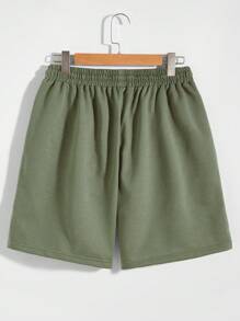 Manfinity Homme 男士大码字母貼布腰部抽繩短褲 - 軍綠色 - 查看 2