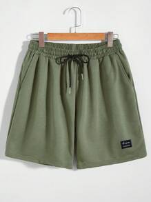 Manfinity Homme 男士大码字母貼布腰部抽繩短褲 - 軍綠色 - 查看 3