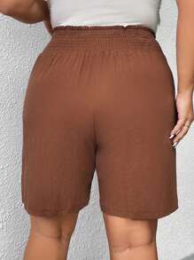 SHEIN LUNE Quần Short kích thước lớn Túi Nút phía trước Quần paper-bag màu trơn Giải trí - Cà phê nâu - Xem 2
