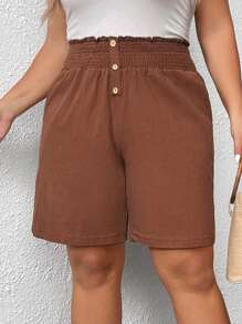 SHEIN LUNE Quần Short kích thước lớn Túi Nút phía trước Quần paper-bag màu trơn Giải trí - Cà phê nâu - Xem 4