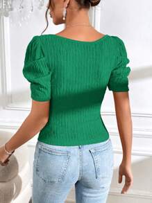 SHEIN Privé Áo thun nữ Dây kéo màu trơn Giải trí - màu xanh lá - Xem 2