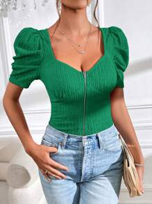 SHEIN Privé Áo thun nữ Dây kéo màu trơn Giải trí - màu xanh lá - Xem 1