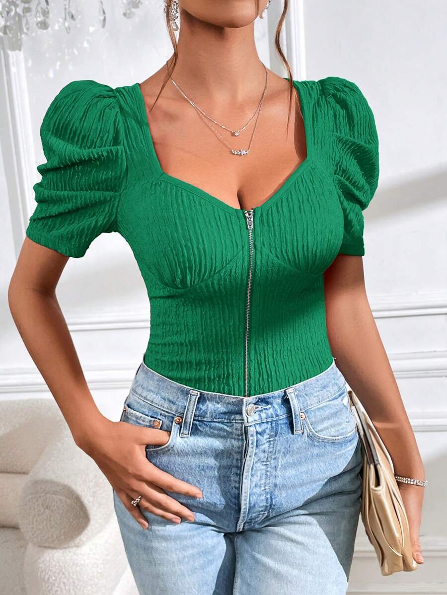 SHEIN Privé Áo thun nữ Dây kéo màu trơn Giải trí - màu xanh lá - Xem 1