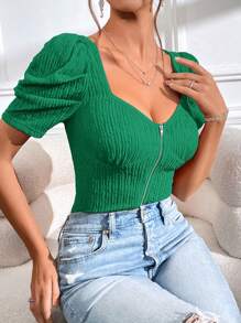 SHEIN Privé Áo thun nữ Dây kéo màu trơn Giải trí - màu xanh lá - Xem 5