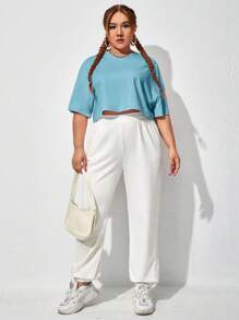 SHEIN EZwear Plus Solid Drop Shoulder Crop Tee - Mint Blue - View 3
