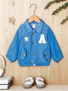 SHEIN 男嬰秋季休閒時尚街頭風格趣味印花標籤領長袖夾克 - 藍色 - 查看 1