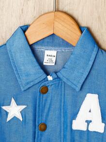 SHEIN 男嬰秋季休閒時尚街頭風格趣味印花標籤領長袖夾克 - 藍色 - 查看 8