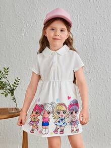 SHEIN Cô gái trẻ Hoạt hình đáng yêu Váy ngắn tay dài đến đầu gối có cổ áo dành cho nữ - trắng - Xem 4