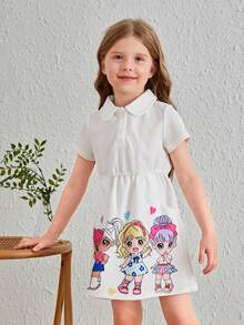 SHEIN Cô gái trẻ Hoạt hình đáng yêu Váy ngắn tay dài đến đầu gối có cổ áo dành cho nữ - trắng - Xem 6