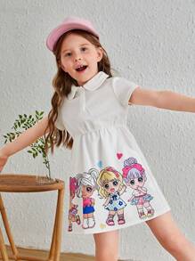 SHEIN Cô gái trẻ Hoạt hình đáng yêu Váy ngắn tay dài đến đầu gối có cổ áo dành cho nữ - trắng - Xem 2