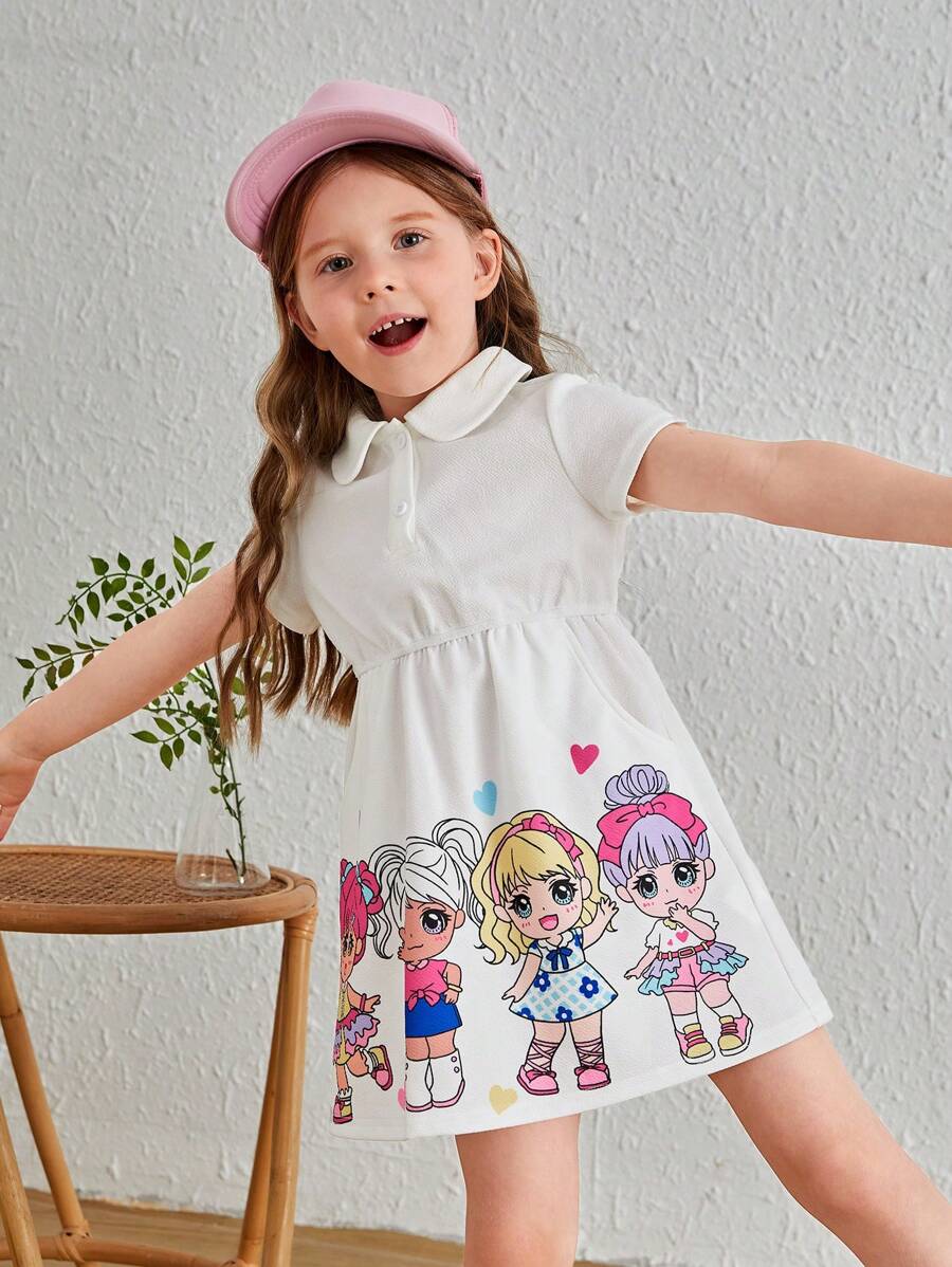 SHEIN Cô gái trẻ Hoạt hình đáng yêu Váy ngắn tay dài đến đầu gối có cổ áo dành cho nữ