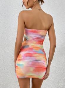 SHEIN VCAY 紮染褶邊抹胸緊身洋裝 - 彩色 - 查看 2
