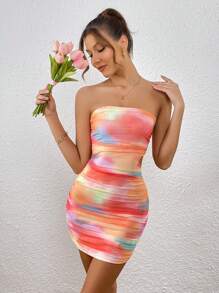 SHEIN VCAY 紮染褶邊抹胸緊身洋裝 - 彩色 - 查看 3