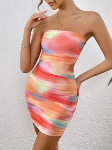 SHEIN VCAY 紮染褶邊抹胸緊身洋裝 - 彩色 - 查看 4