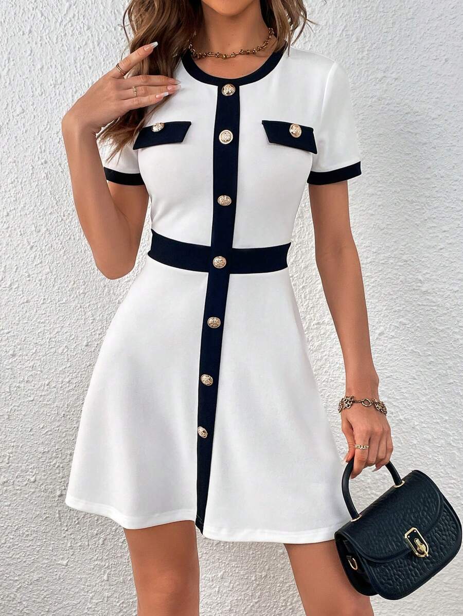 SHEIN Privé Viền tương phản Chi tiết Nút Đầm - trắng - Xem 1