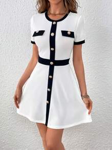 SHEIN Privé Viền tương phản Chi tiết Nút Đầm - trắng - Xem 5