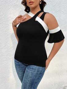 SHEIN Privé 大碼撞色不對稱領T恤 - 黑色 - 查看 4