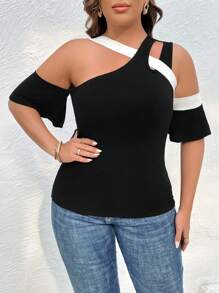 SHEIN Privé 大碼撞色不對稱領T恤 - 黑色 - 查看 5