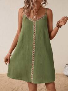 SHEIN VCAY Contrast Trim Cami Dress - Army Green - View 1