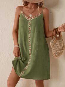 SHEIN VCAY Contrast Trim Cami Dress - Army Green - View 4