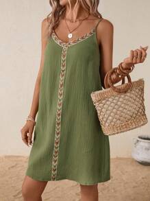 SHEIN VCAY Contrast Trim Cami Dress - Army Green - View 5