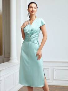 MOTF PREMIUM Vestido fruncido con abertura - verde menta - Ver 7