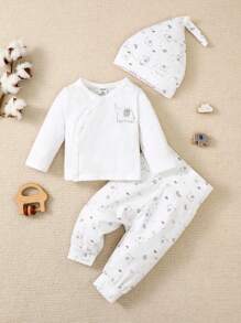 SHEIN Vintaside Kids Baby Boy Cartoon Graphic Button Front Tee & Pants & Hat