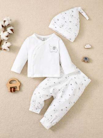 SHEIN Vintaside Kids Bebis Pojke Tecknad Grafik Knappar Framtill T-shirt & Byxor & Hatt